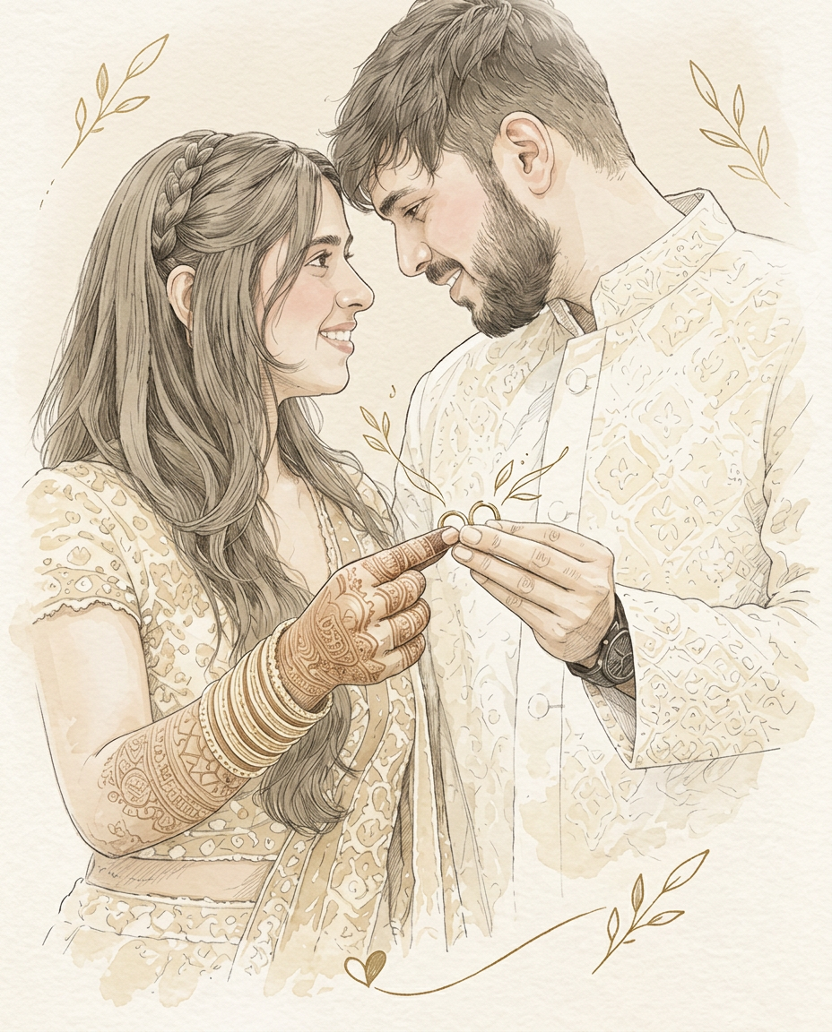 Watercolor sketch of Karuna and Mohnish exchanging rings